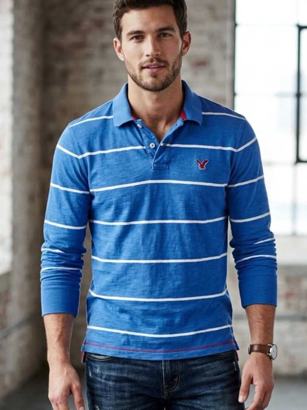 American Eagle Outfitters Blue and White Polo Shirt Y2K Blokecore